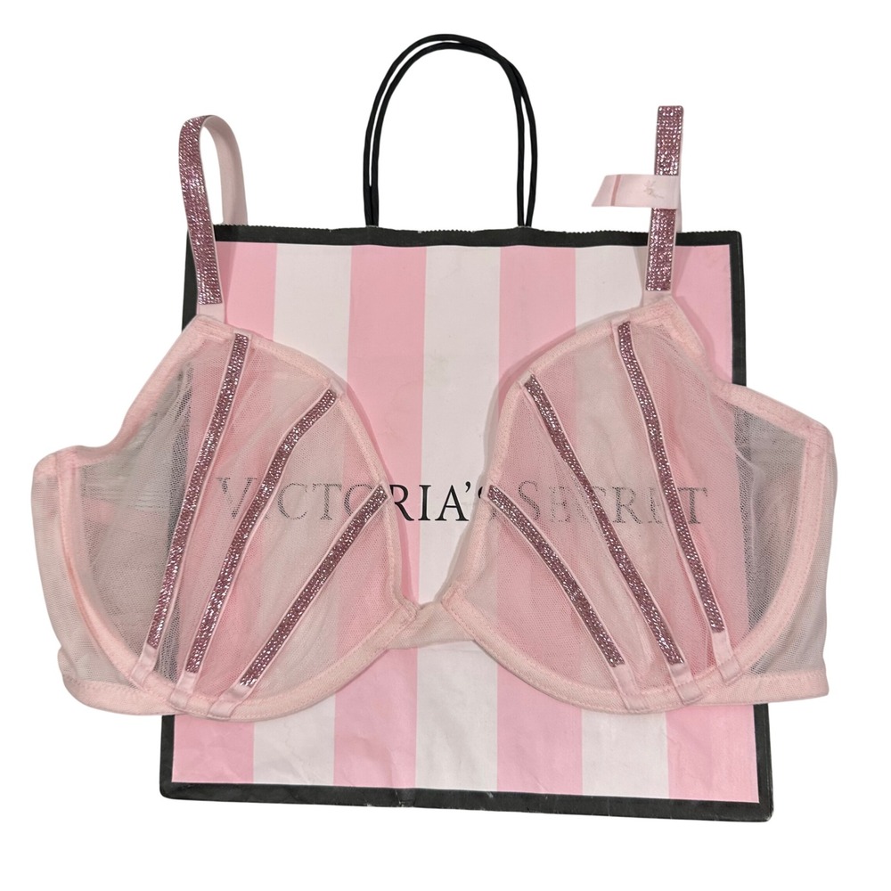 NWT Victoria's Secret Very Sexy Pink Mesh Rhinestone Strap Low Cut Demi‎ Bra 36D